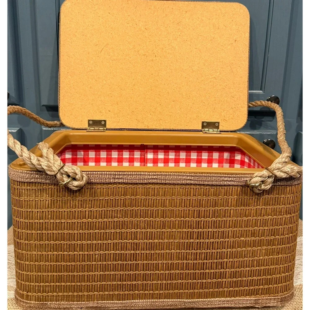 Vintage Burlington Hawkeye Picnic Basket Woven Rope Handles Red Gingham 3 Trays